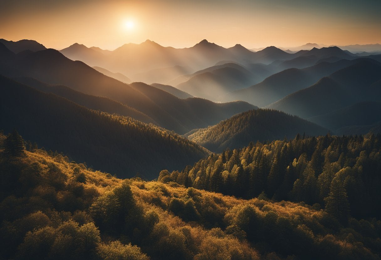 A vast, rugged landscape with towering mountains and dense forests, bathed in the warm glow of the setting sun, creating a sense of mystery and adventure