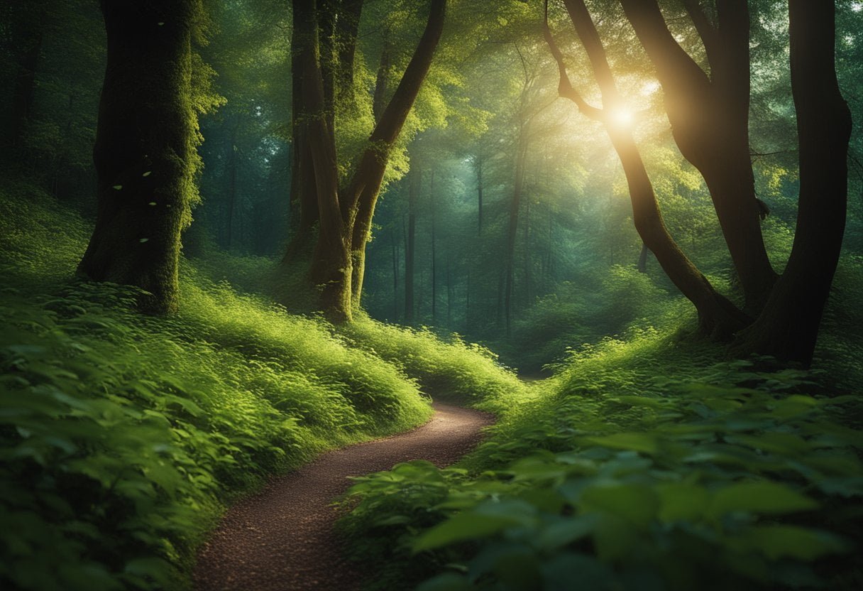 A secluded forest with a winding path leading to a mysterious cave entrance, surrounded by towering trees and glowing fireflies