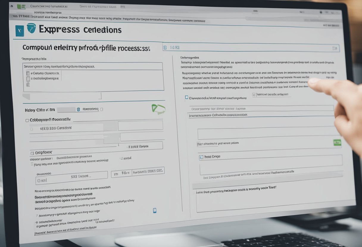 A computer screen displaying the Express Entry profile creation process, with a person's hand clicking through the steps. A checklist of required documents sits nearby