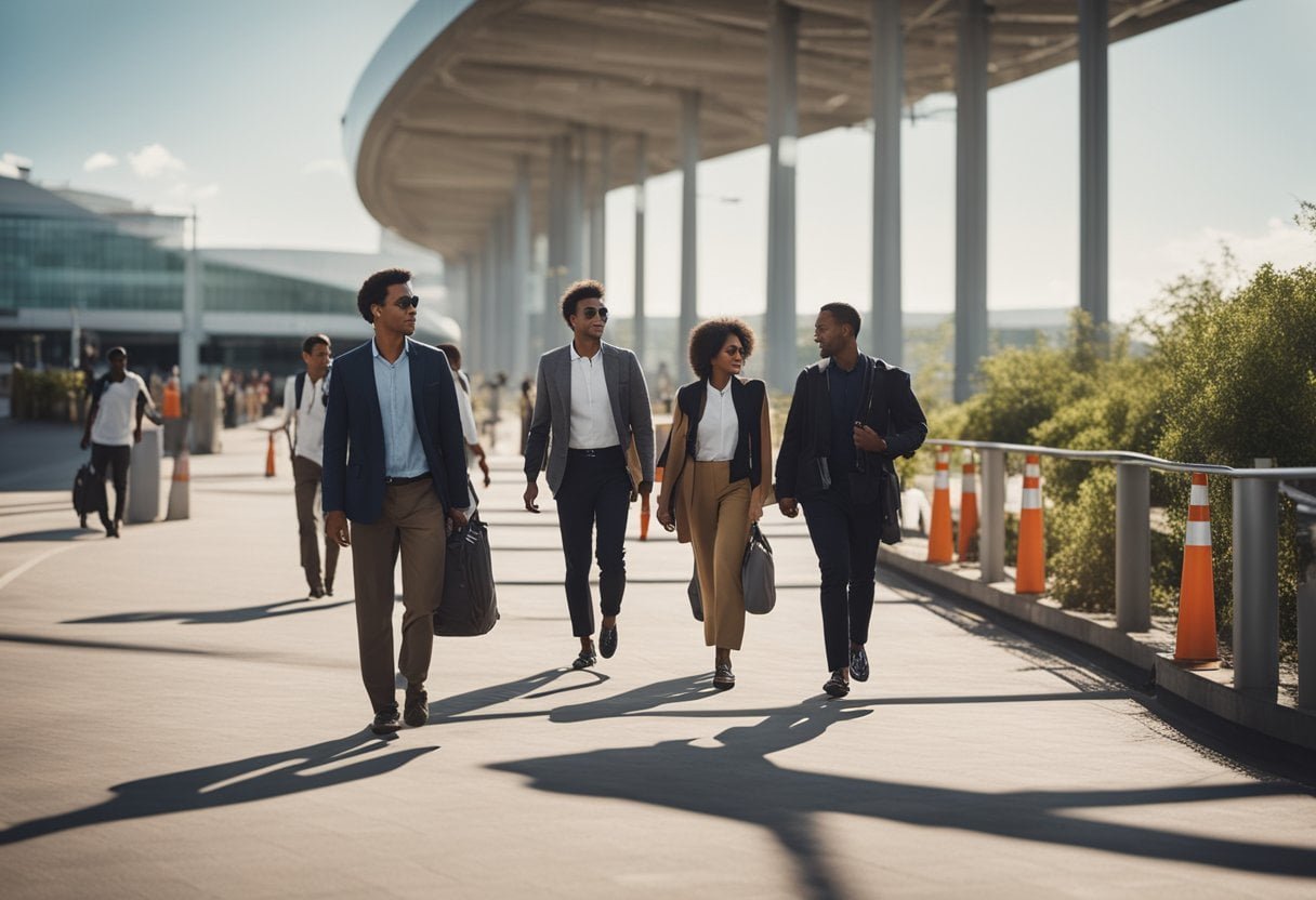 A diverse group of people walking along a winding pathway, passing through checkpoints and interacting with immigration officials