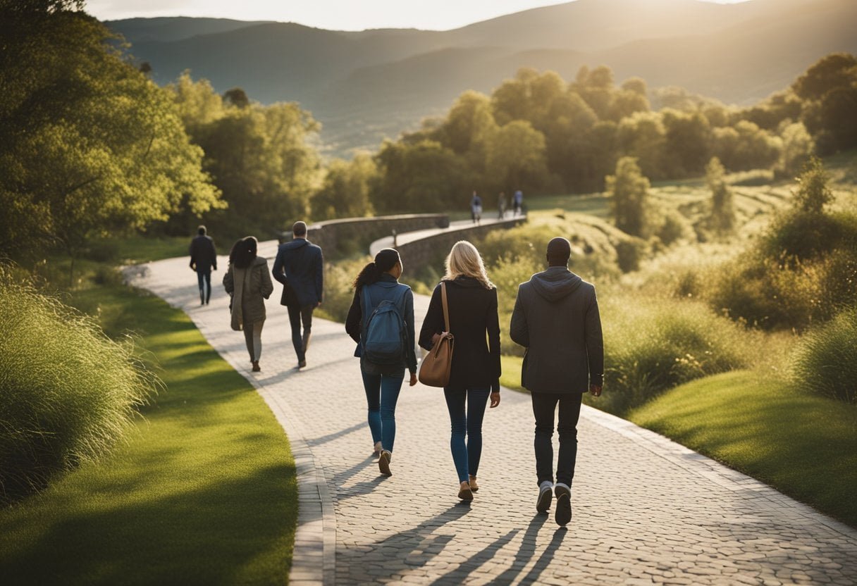 A diverse group of people walking along a winding pathway, representing the modern immigration journey. Various obstacles and opportunities are depicted along the route