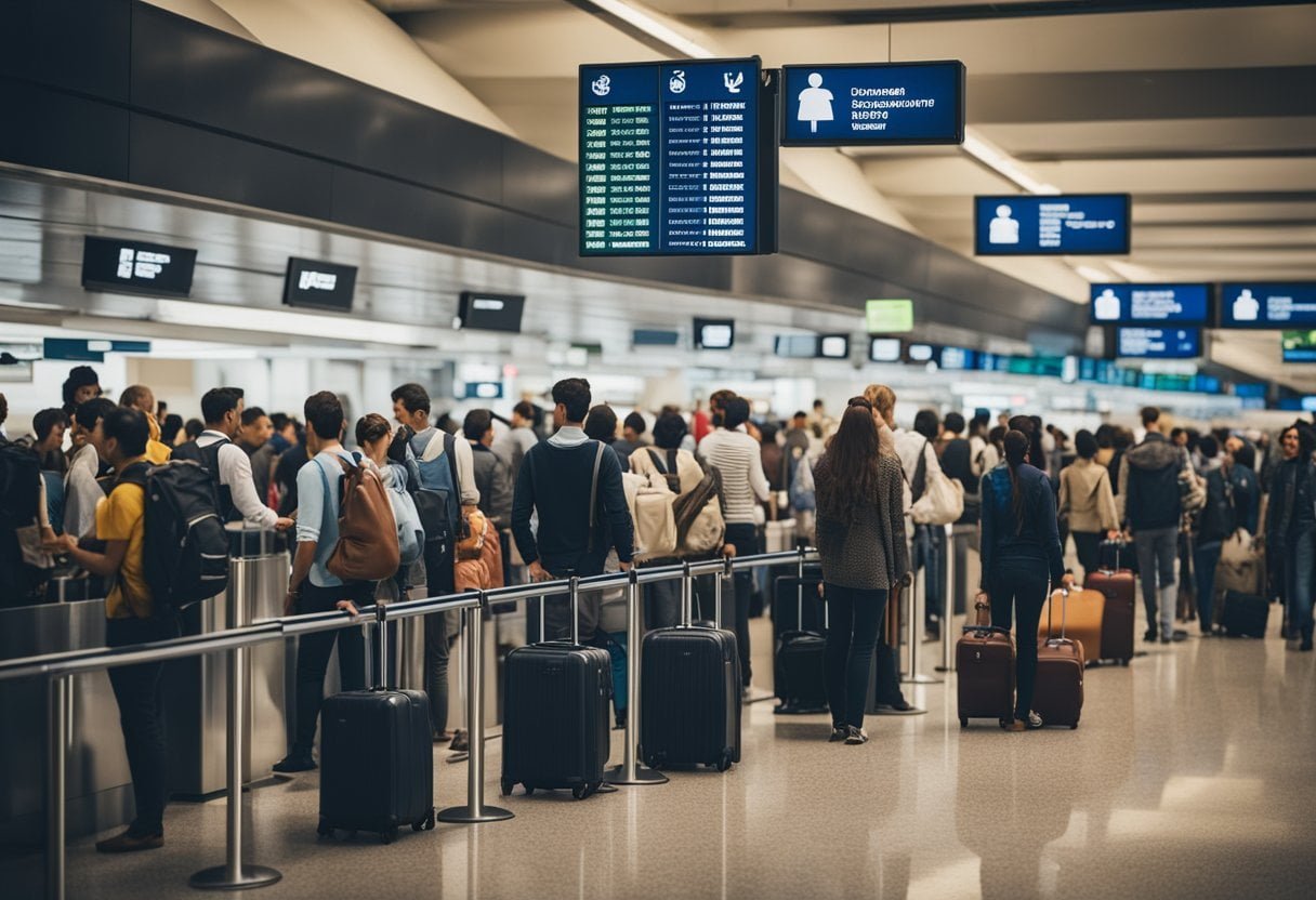 A crowded airport terminal with people waiting in line at immigration counters, luggage carts, and signs indicating different international destinations