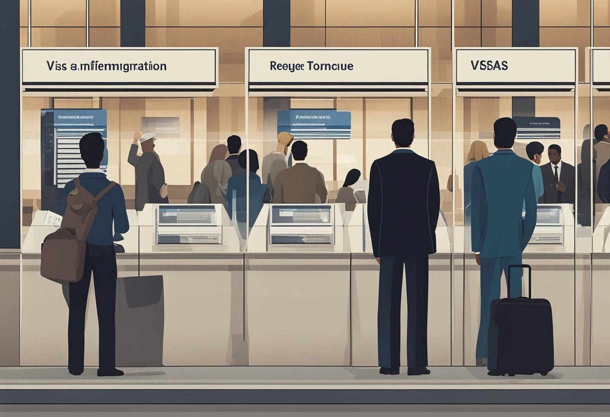 A line of people waits outside a government building. Signs display different immigration procedures, from visas to refugee status. Officials guide individuals through the complex process