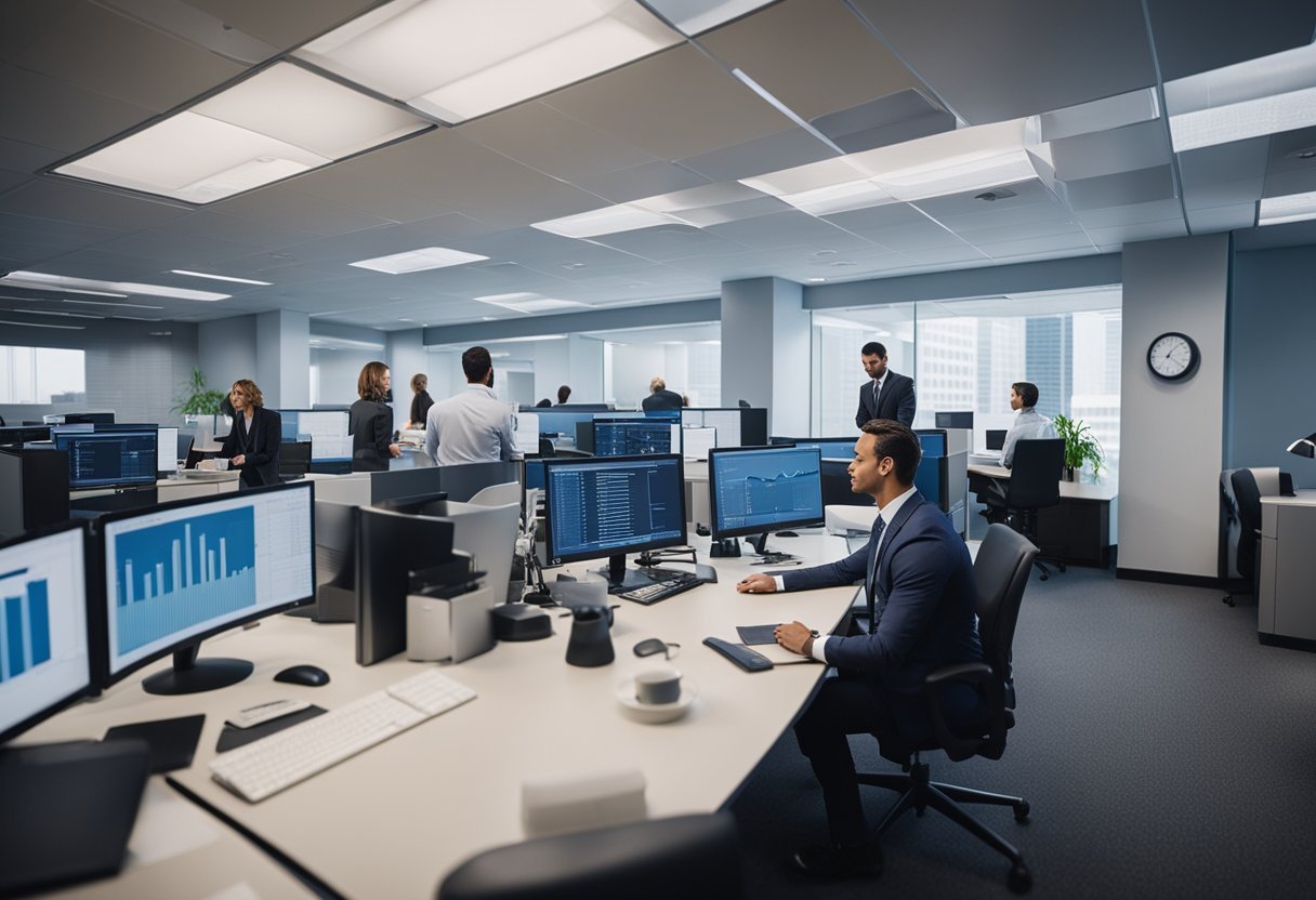 A bustling office with professionals discussing and analyzing data, charts, and graphs related to the life and non-life insurance market in the USA