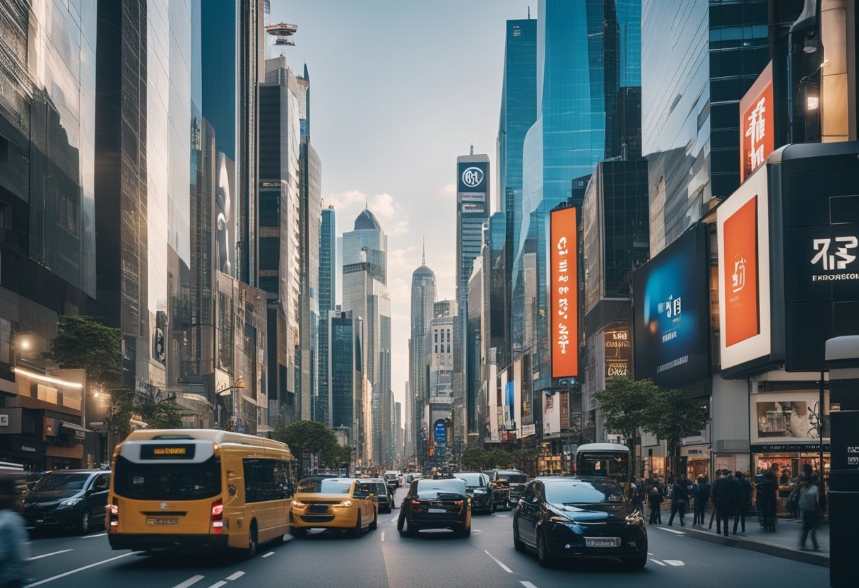 A bustling city street with tall buildings and busy traffic, featuring a mix of traditional and modern architecture, with prominent insurance company logos displayed on billboards and storefronts