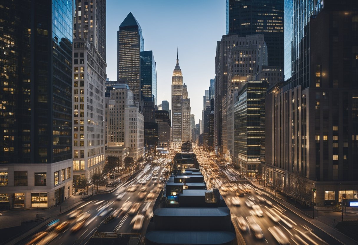 A bustling cityscape with towering skyscrapers and busy streets, showcasing the financial district where leaders of the life and non-life insurance market in the USA convene