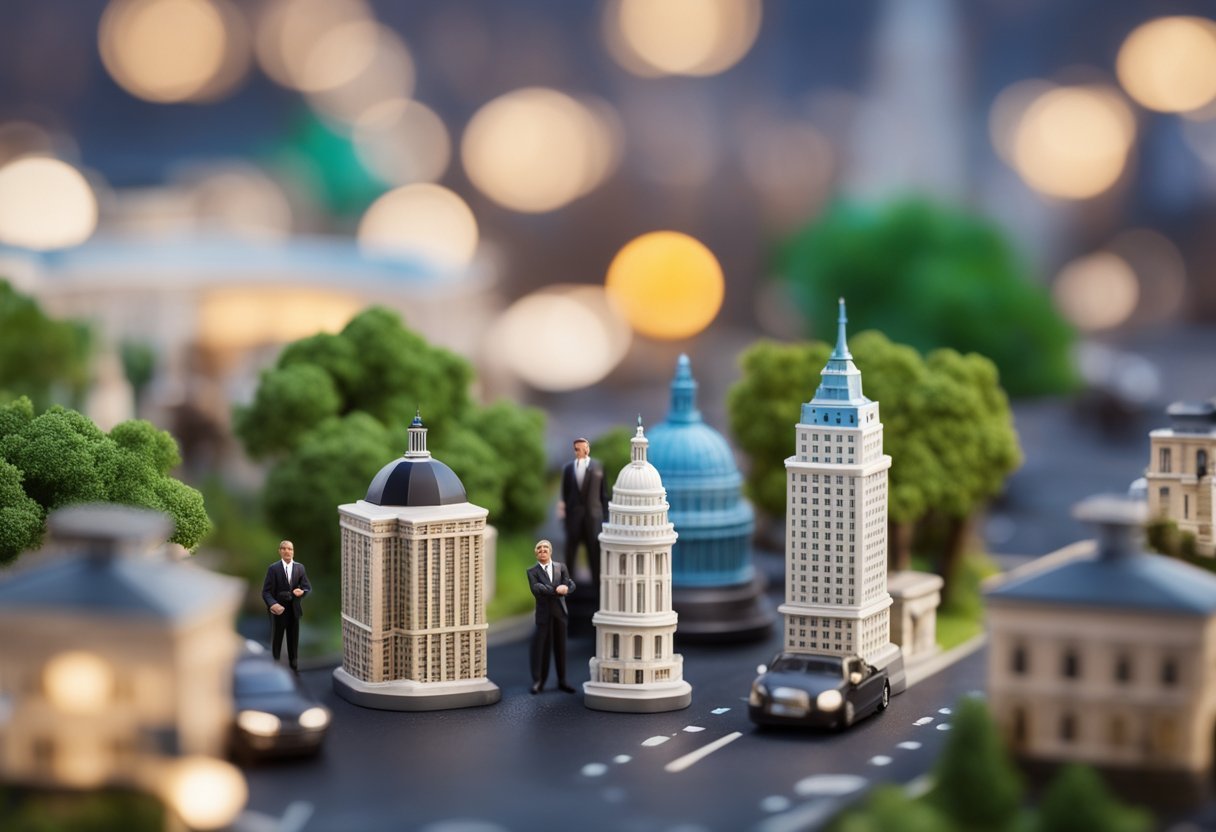 A bustling insurance market with various policies and agents, representing both life and non-life coverage, set against a backdrop of iconic American landmarks