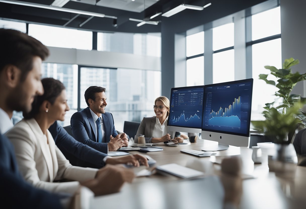 A bustling office with agents discussing policies, while a graph shows steady growth in the life and non-life insurance market in the USA