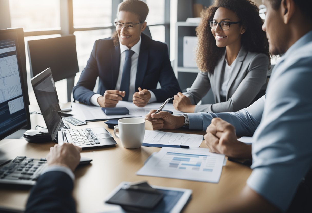 A bustling office with insurance agents discussing policies and analyzing market data for life and non-life insurance in the USA