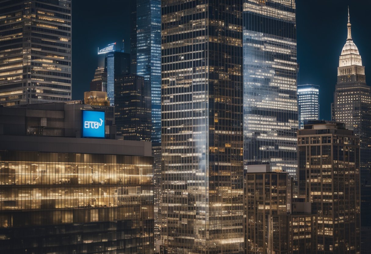 A bustling American city skyline with various insurance company logos prominently displayed on towering office buildings. Traffic and pedestrians fill the streets below