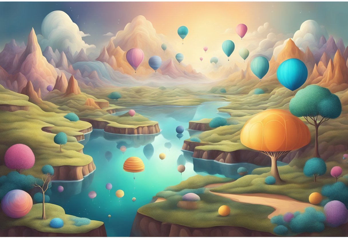 A surreal landscape with floating objects and shifting colors, representing the subconscious mind and the mysterious elements of dreams