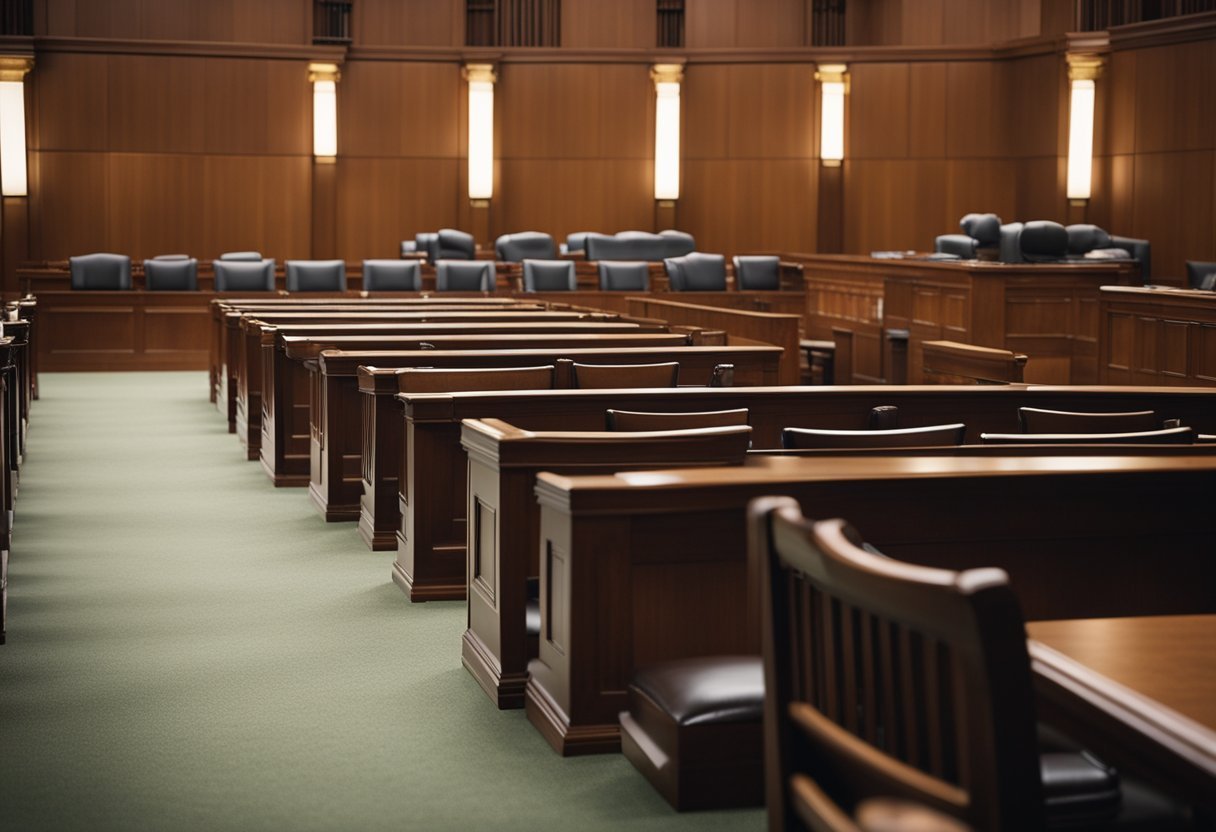 A courtroom with a judge's bench, witness stand, and rows of seating. The room is filled with tension and anticipation as a landmark Supreme Court decision is about to be announced