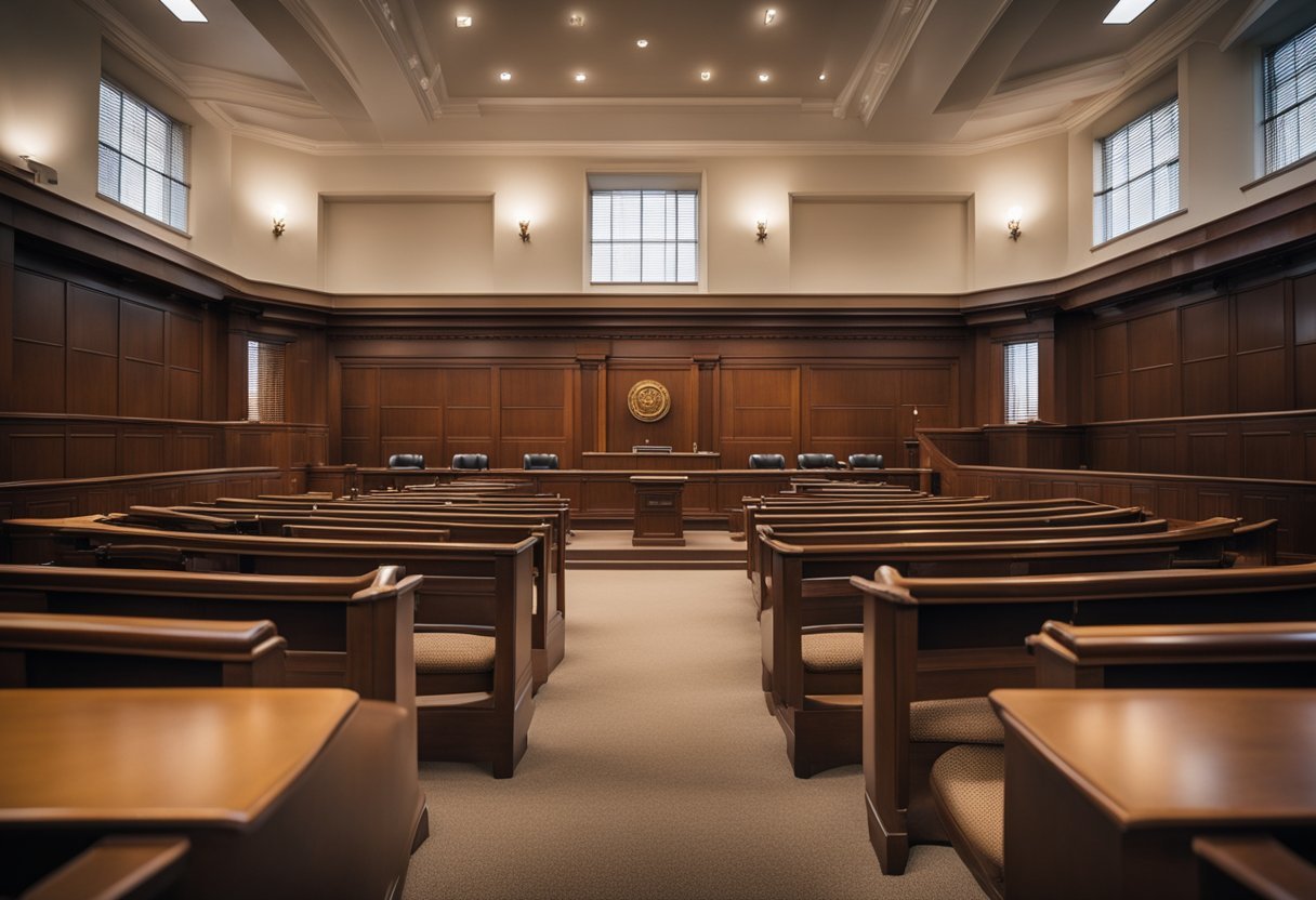 A courtroom with a judge's bench, witness stand, and seating for lawyers and spectators. The room is filled with tension and anticipation