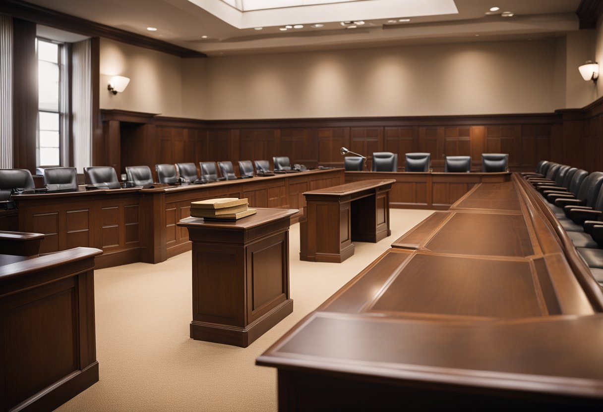 A courtroom with a judge's bench, witness stand, and jury box. A defense table and prosecution table face each other, while spectators observe from the gallery