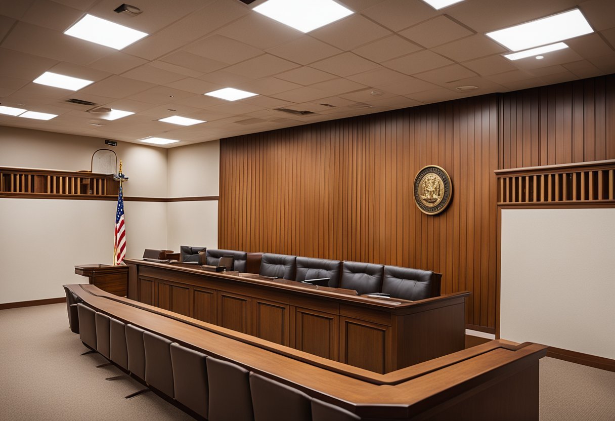 A courtroom with a judge's bench, witness stand, jury box, and seating for attorneys and spectators. A bailiff and court reporter are also present