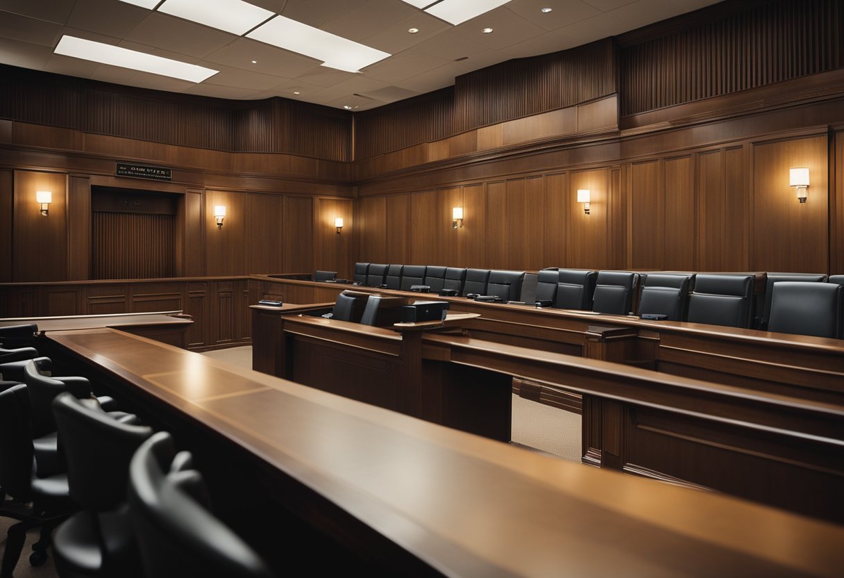 A courtroom with judge's bench, witness stand, jury box, and lawyer tables. Bailiffs and court reporters present. Security cameras and metal detectors at entrance