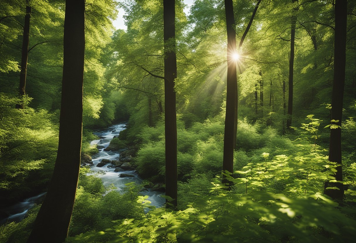 A lush, expansive forest with various wildlife, a flowing river, and clear blue skies, representing the natural resources protected by federal environmental laws in America