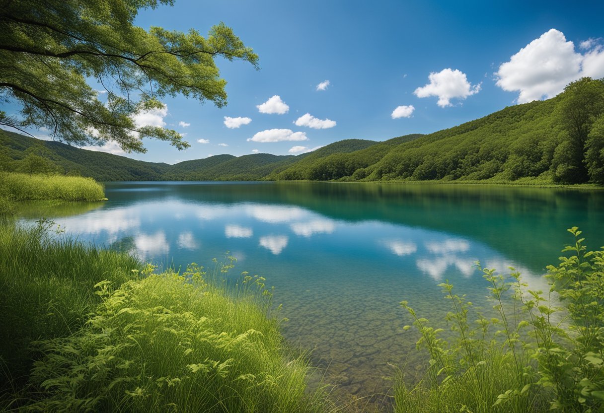 The scene shows a serene landscape with clear blue skies, lush greenery, and pristine bodies of water, representing the protection of America's natural resources under the Clean Air Act