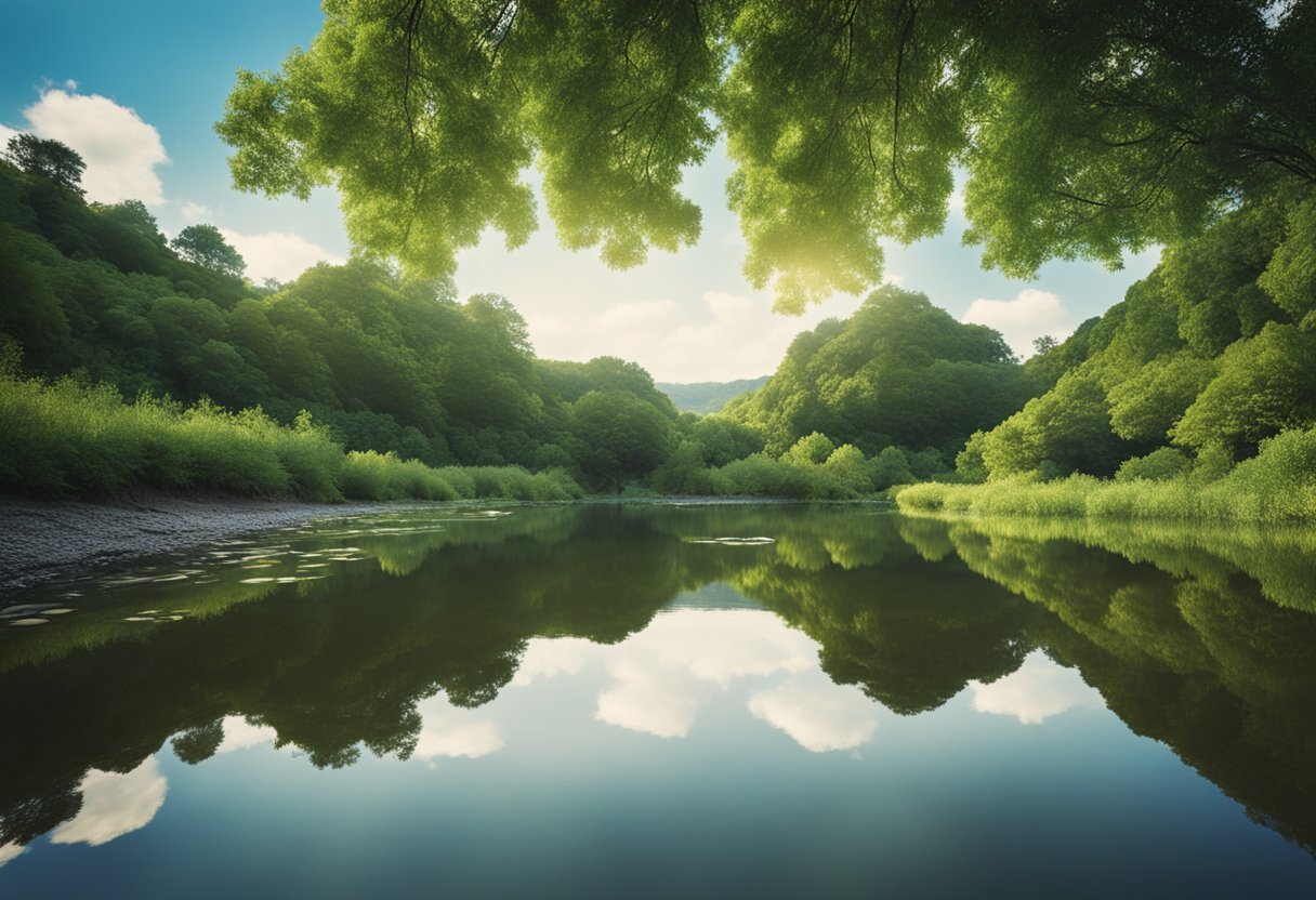 A serene river flowing through a lush, green landscape, with clear, clean water reflecting the blue sky above. Various wildlife, such as birds and fish, can be seen thriving in the healthy ecosystem