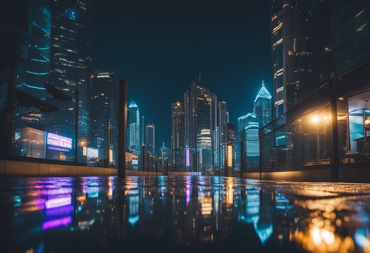 A vibrant cityscape at night, with neon lights reflecting off of wet pavement and tall buildings reaching into the dark sky