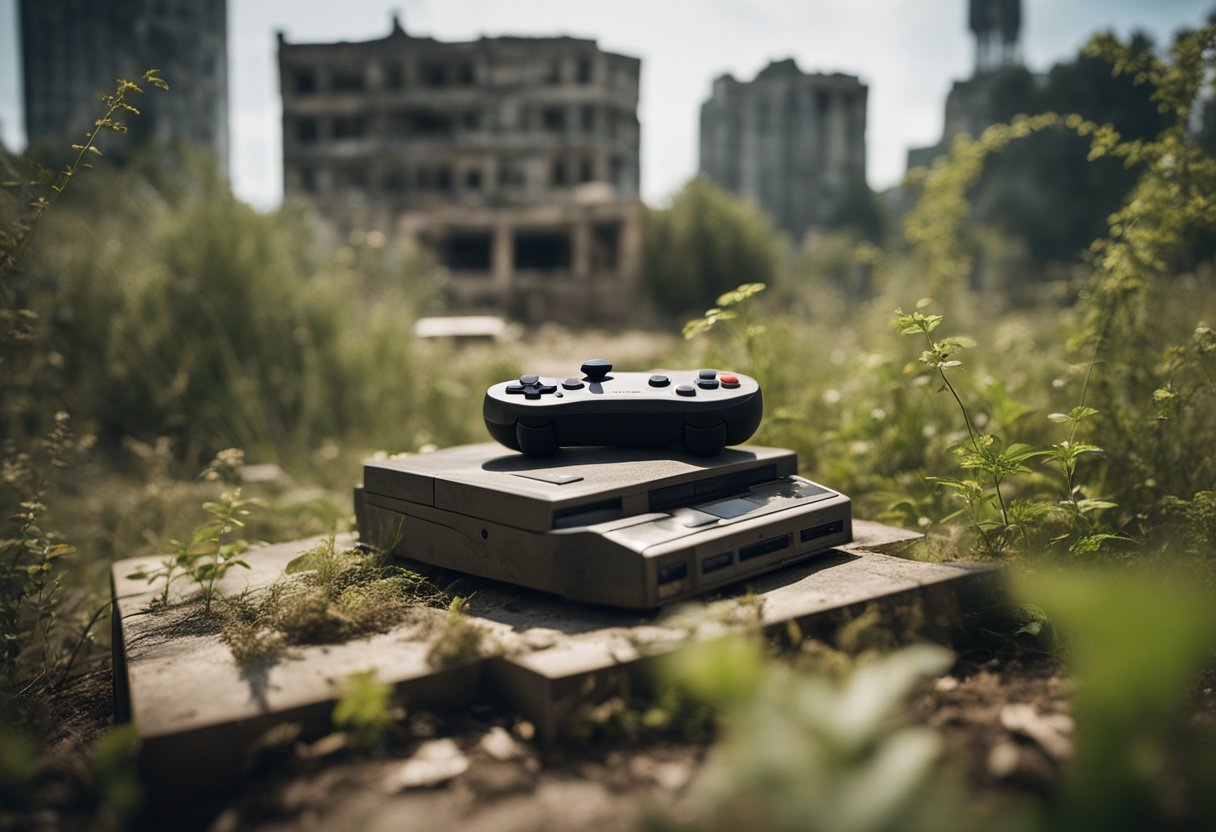 A deserted post-apocalyptic city with overgrown vegetation and dilapidated buildings. An abandoned video game console lies in the foreground, covered in dust