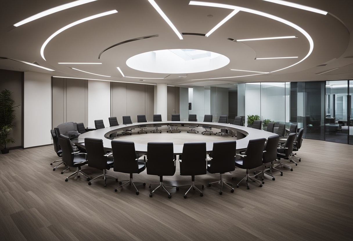 A meeting room with representatives from Sony and Bungie discussing the cancellation of a project. Tables and chairs arranged in a circle, with tense expressions on their faces