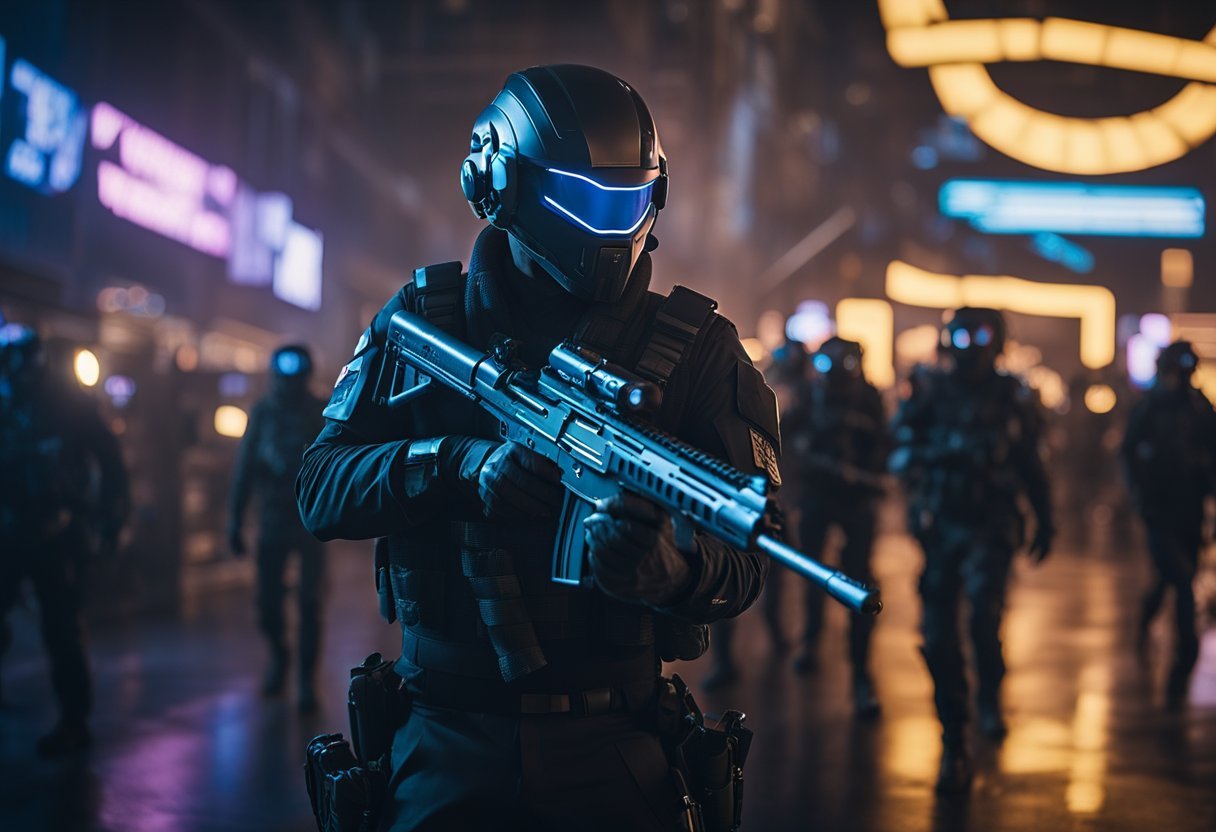 The trailer shows a futuristic cityscape with neon lights, advanced weaponry, and intense combat scenes. A mysterious figure lurks in the shadows, hinting at a new enemy