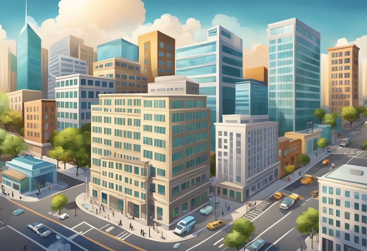 A bustling American city with modern hospitals and insurance offices, showcasing the dynamic health and medical insurance market in the United States