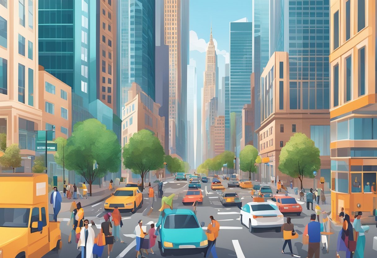 A bustling city street with modern skyscrapers and a mix of people and vehicles, showcasing the vibrant and diverse healthcare insurance market in the United States