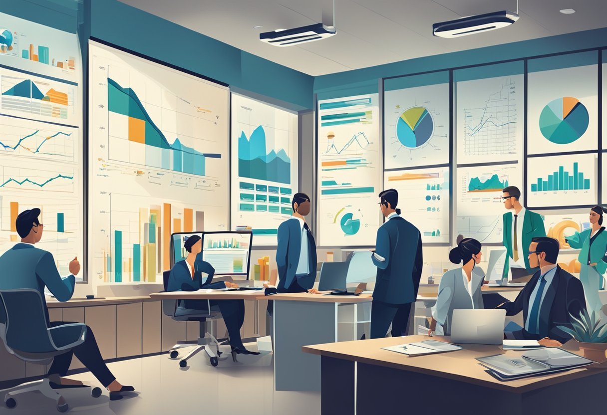 A bustling office with professionals discussing insurance plans and medical coverage in the United States. Charts and graphs adorn the walls, depicting market trends and statistics