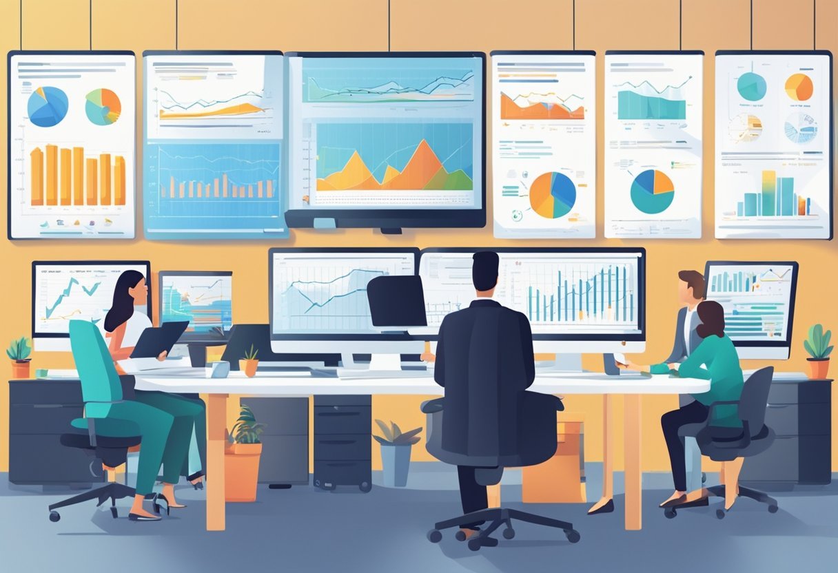 A busy office with people discussing health insurance. Charts and graphs on the walls show market trends. A computer screen displays data on the US health insurance market