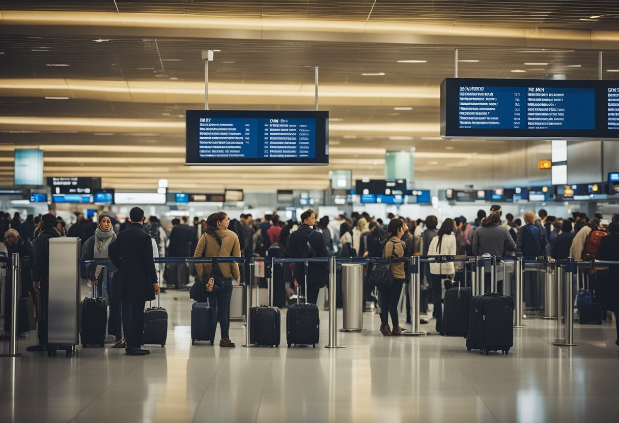 A bustling airport terminal with a diverse crowd of travelers waiting in line at immigration counters, with signs displaying different types of visas to America