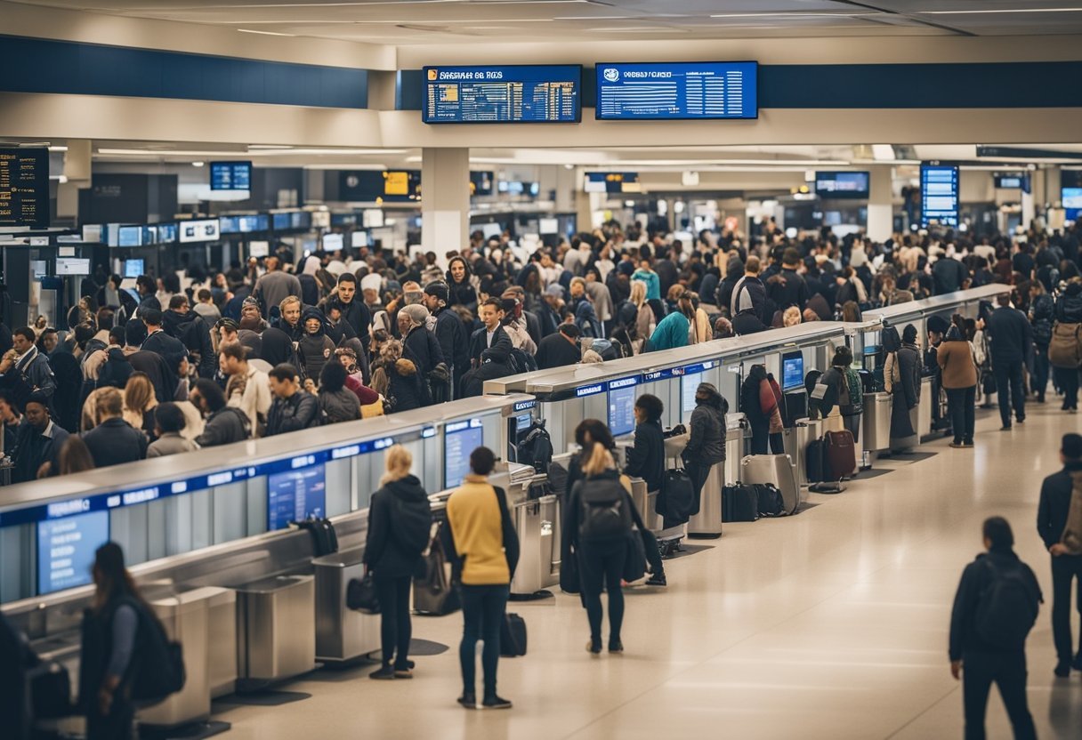 A bustling airport terminal with people from diverse backgrounds waiting in line at the visa application counters. Signs and posters display information about different types of visas to America