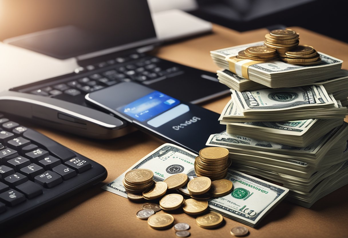 A pile of cash and coins on a desk, with a computer and smartphone displaying payment notifications