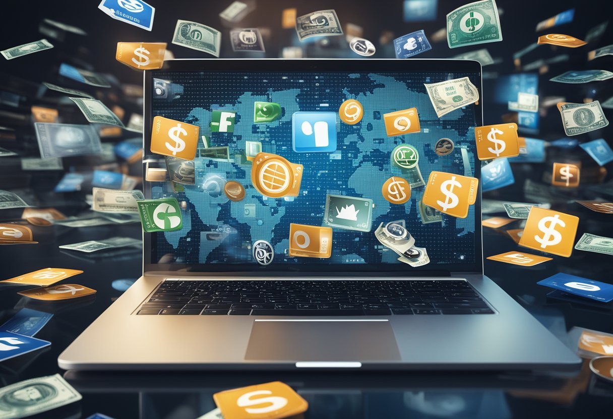 A laptop surrounded by various international websites' logos, with money symbols floating above them