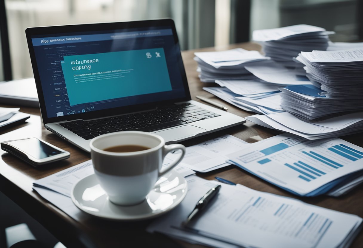 A desk with a laptop, pen, and paper. A stack of insurance documents and a calculator. A person deep in thought, surrounded by various insurance policy brochures and informational materials