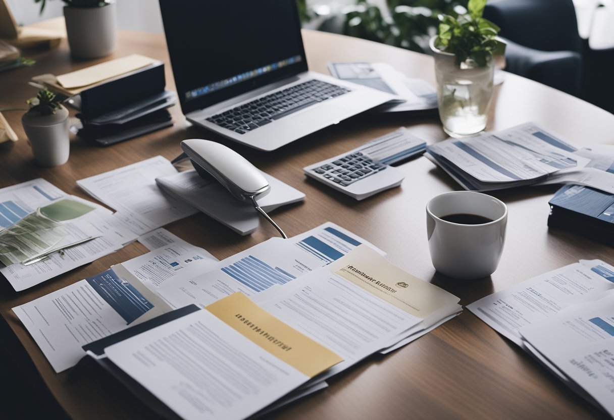 A cluttered desk with stacks of papers, a laptop, and various insurance brochures. A person comparing and analyzing different insurance policies