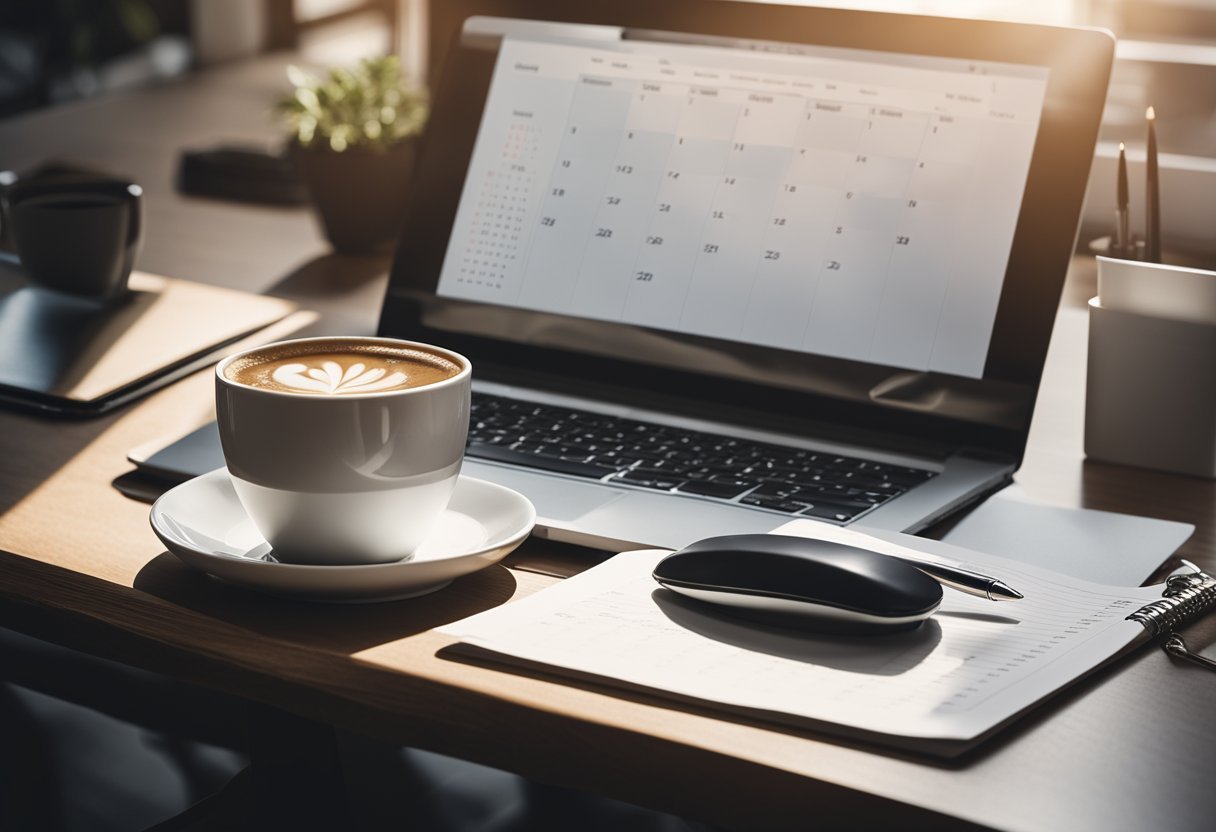 A desk with a laptop, open insurance policy documents, a pen, and a cup of coffee. A calendar on the wall shows the year 2024