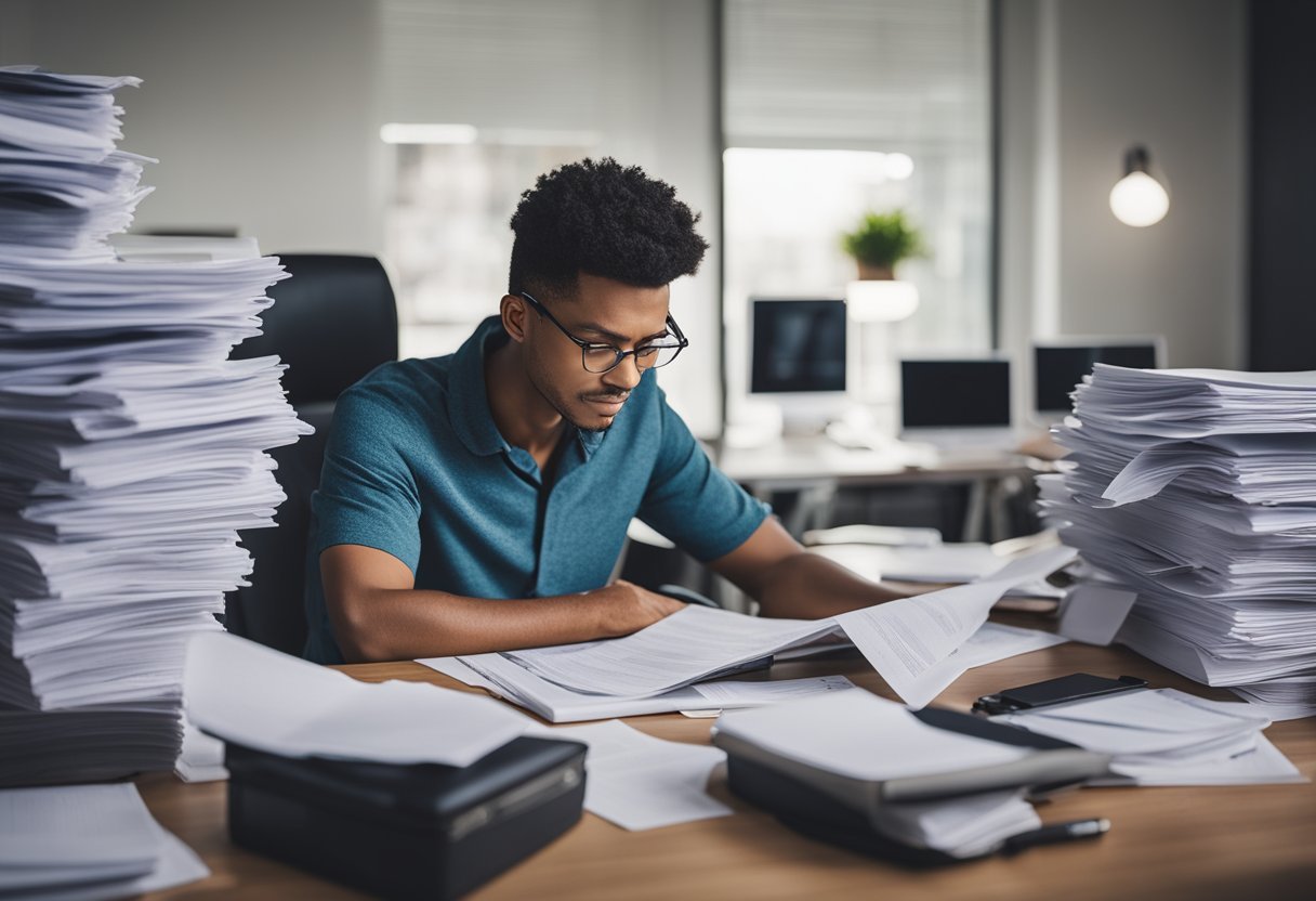 A person sitting at a desk surrounded by papers, a computer, and various insurance policy documents. They are deep in thought, evaluating long-term benefits