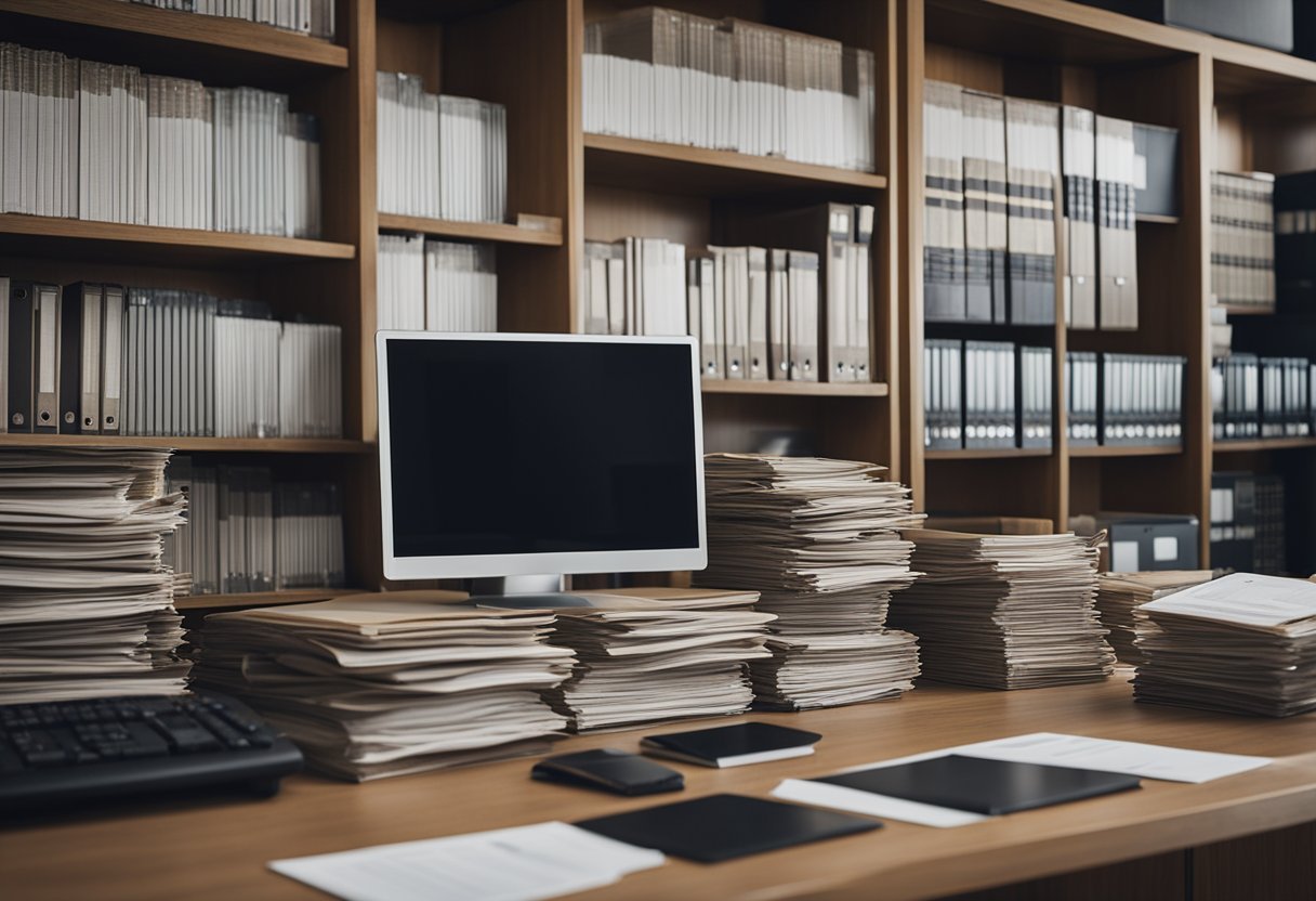 A large, sturdy oak desk covered in stacks of financial reports and charts, with a computer displaying graphs of insurance policy data. A wall of shelves holds thick binders labeled with various insurance companies