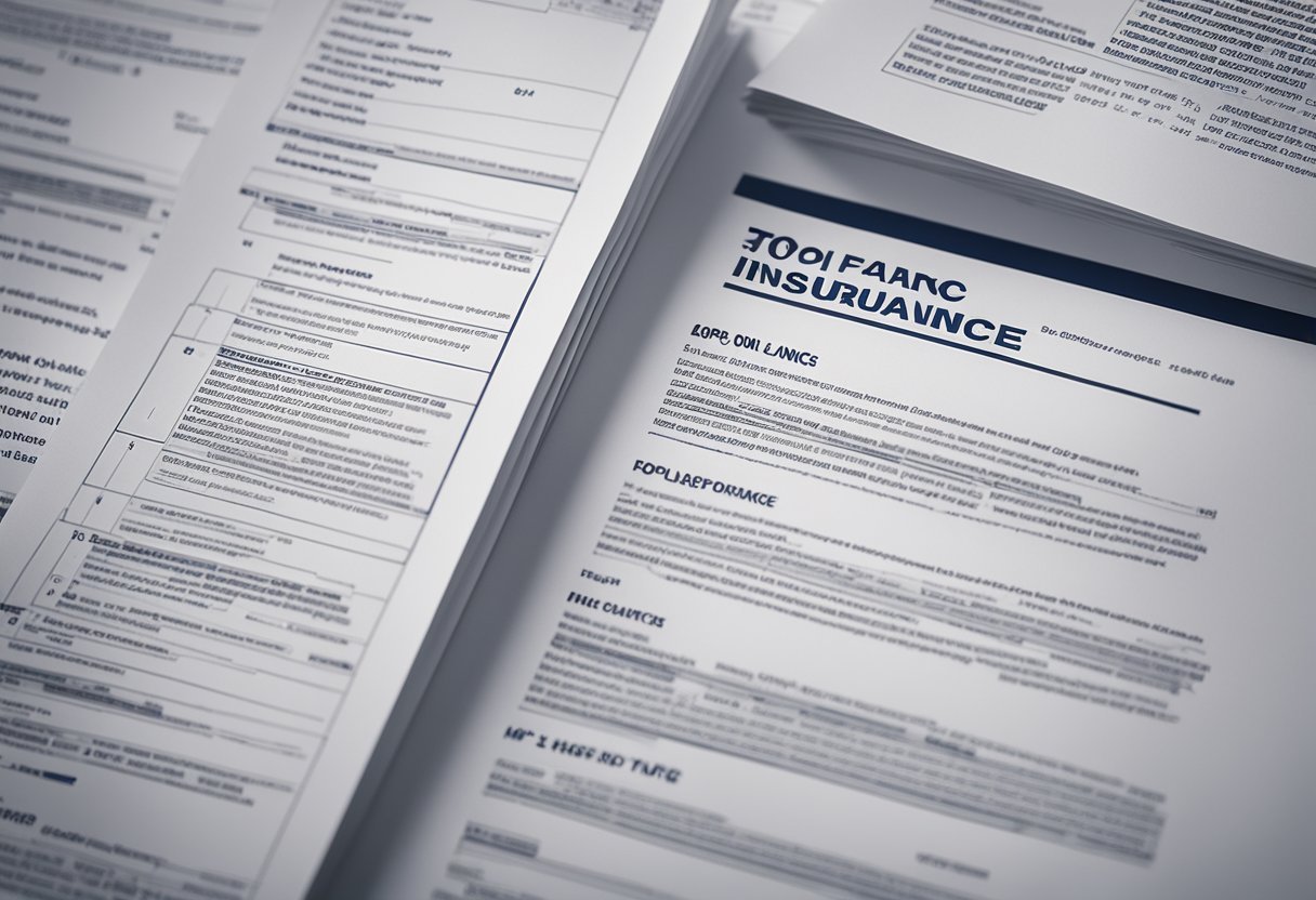 A stack of insurance policy documents with various policy riders and endorsements scattered around, surrounded by a list of 