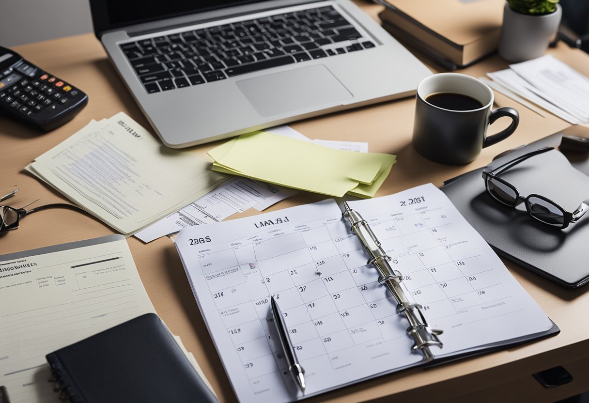 A cluttered desk with scattered papers, open laptop, and various insurance policy documents. A calendar with a circled date and a pen lying nearby