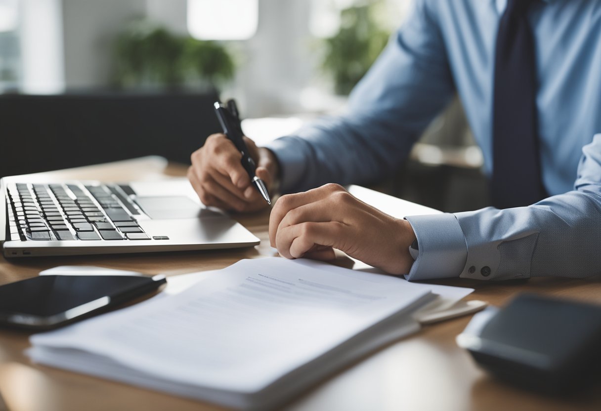 A person researching insurance options, surrounded by a stack of documents, a laptop, and a notepad with a pen. They are deep in thought, considering their future insurance needs