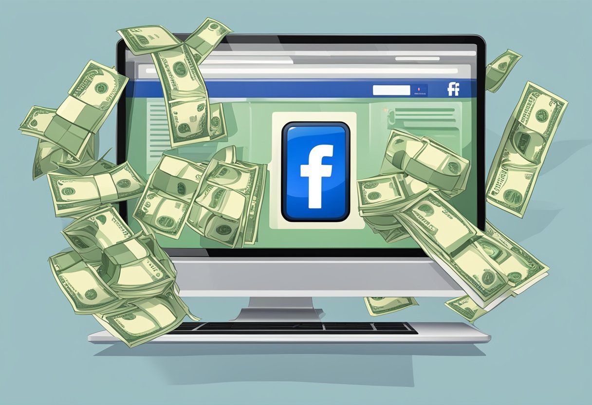 A computer screen displaying a Facebook website with money symbols and a guarantee symbol