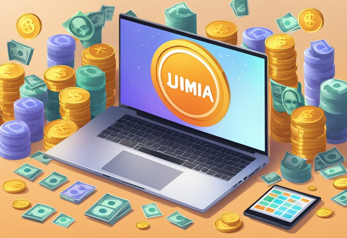 A laptop with a glowing screen displaying the Jumia website, surrounded by stacks of cash and coins