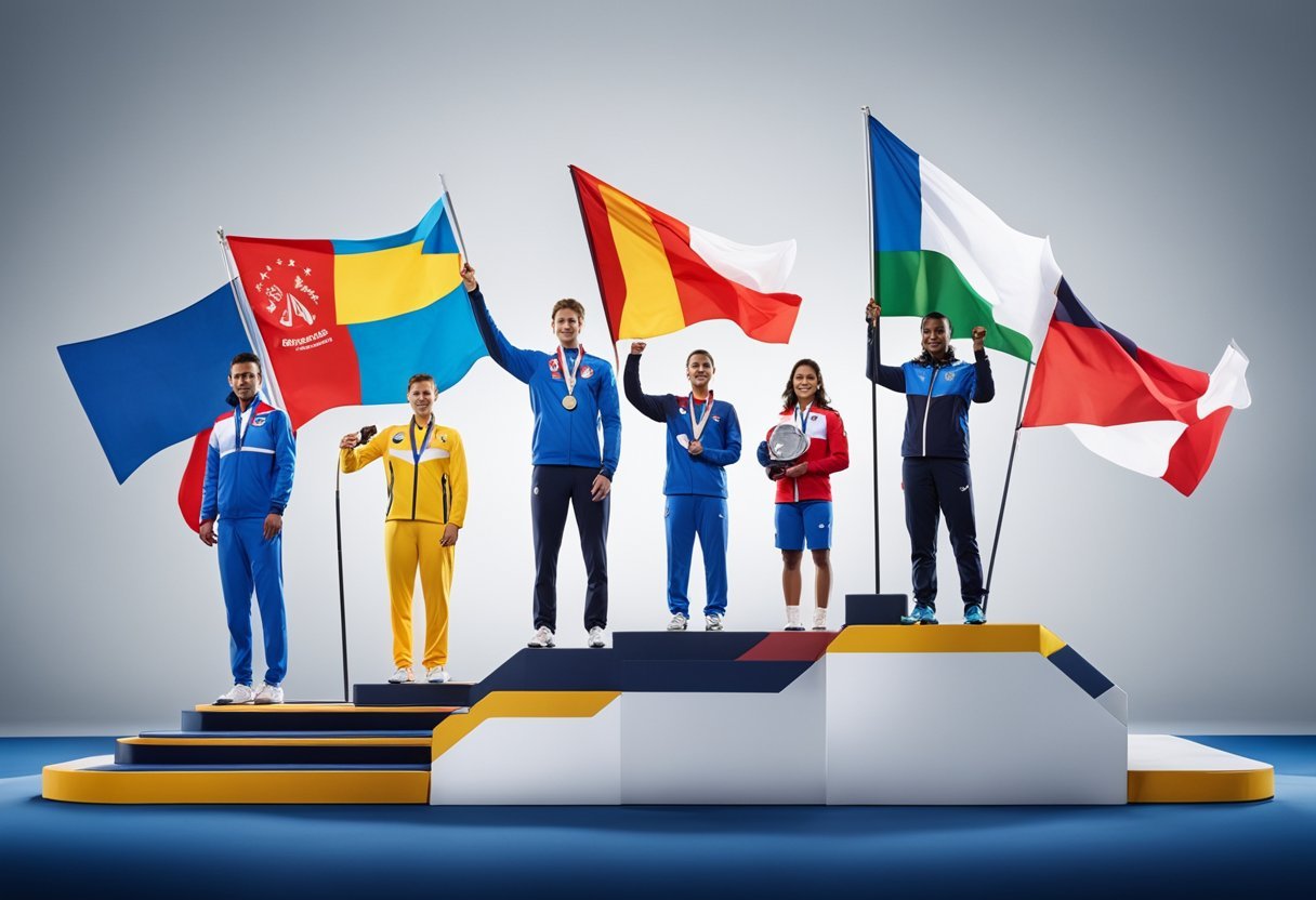 A podium with three Paralympic athletes standing on different levels, each holding their respective medals. The backdrop features the Paris 2024 Olympics logo and the flags of the medalists' countries