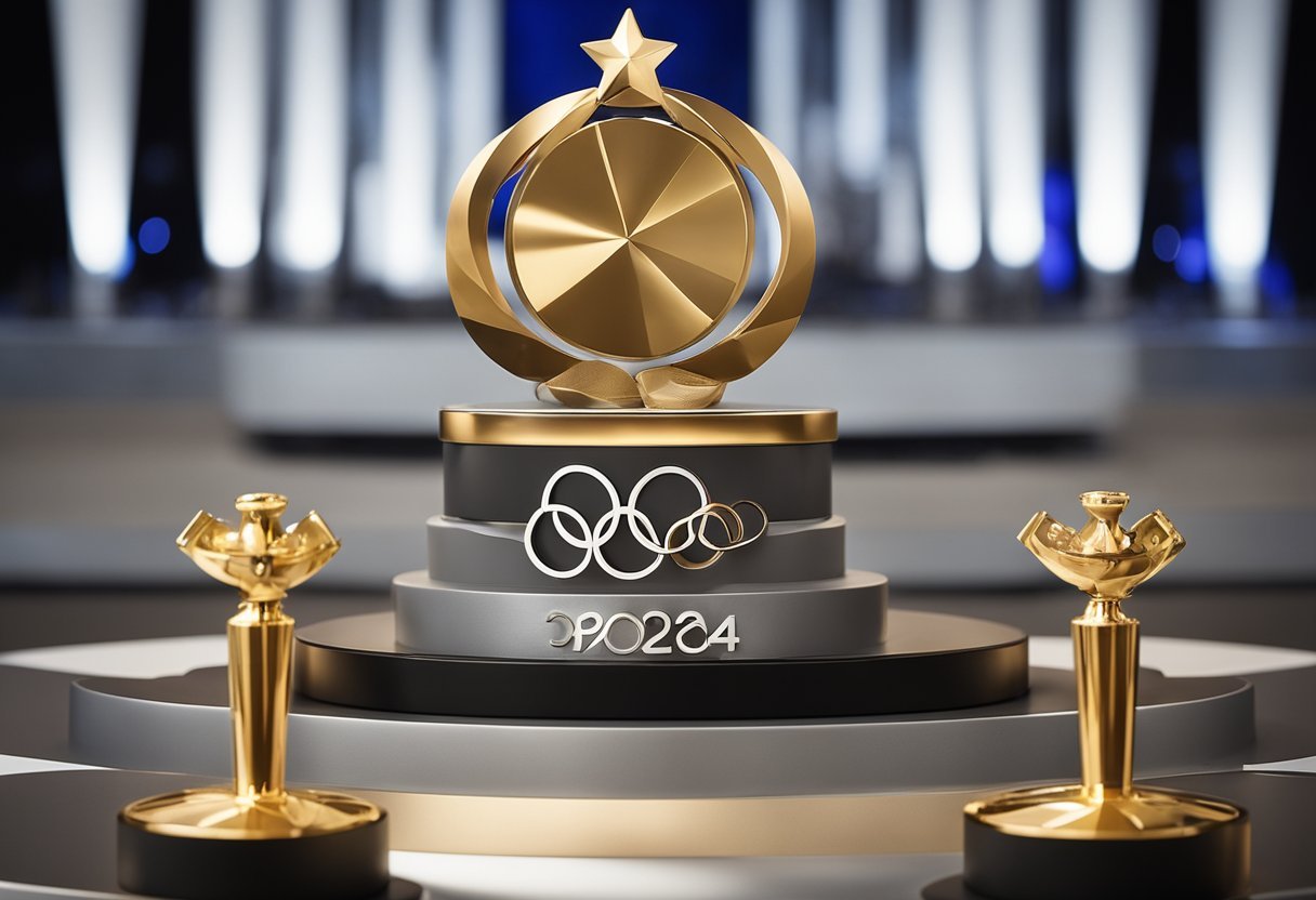 A podium with three medal stands, each adorned with a gold, silver, and bronze medal. The Olympic rings and Paris 2024 logo are prominently displayed in the background