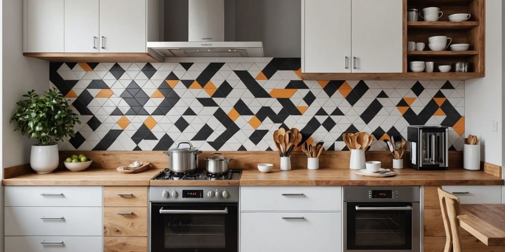 Modern kitchen with geometric patterned tiles