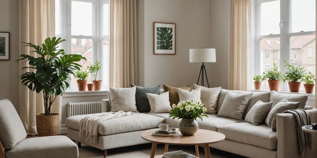 Small living room with light curtains and plants