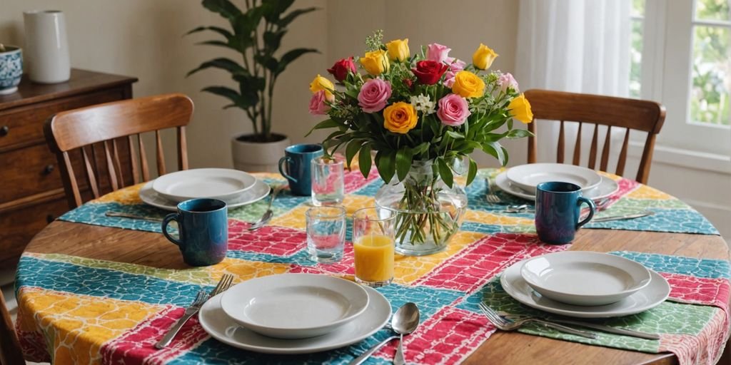 Colorful table cloth in cozy dining area